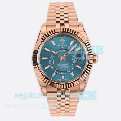 ES Factory Swiss Replica Rolex Sky-Dweller World Timer Ice Blue Dial Rose Gold Jubilee Watch 
